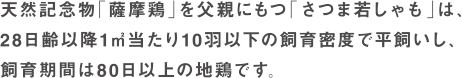 天然記念物「薩摩鶏」を父親にもつ「さつま若しゃも」は､28日齢以降1㎡当たり10羽以下の飼育密度で平飼いし､飼育期間は80日以上の地鶏です｡